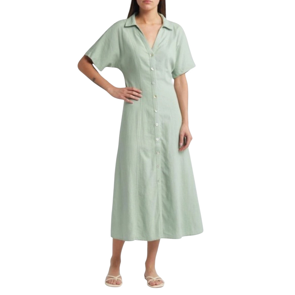 Madewell Short Sleeve Button Front Midi Shirtdress Linen Dress Pistachio Green 2